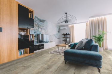 Vinylová podlaha Fatra Thermofix Art 18001 Smrk polar v obývacím pokoji